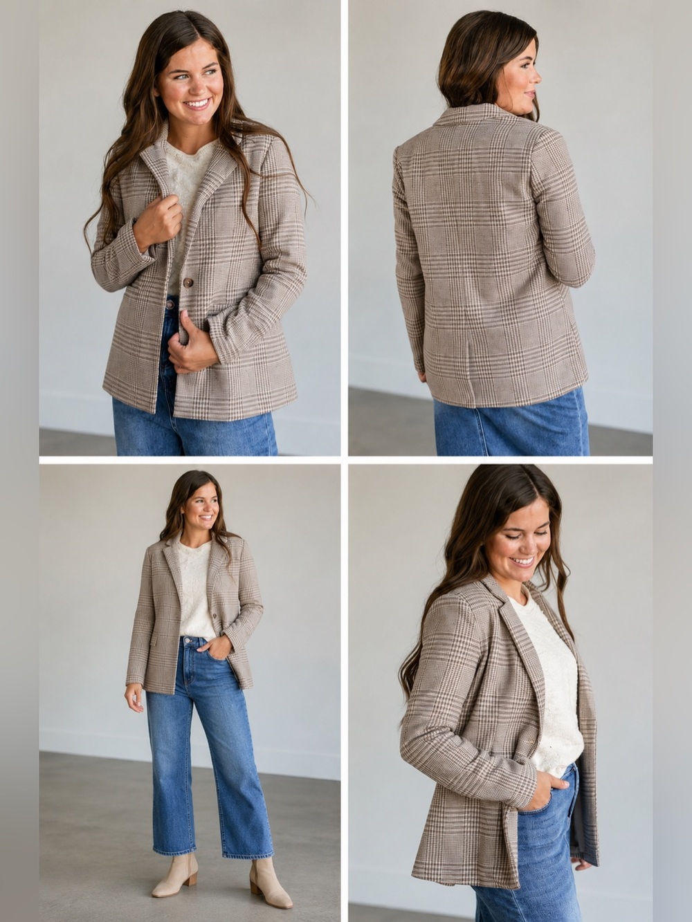 Z Supply Anna Plaid Blazer Womens Small Milk Shake Taupe Plaid Lined Jacket